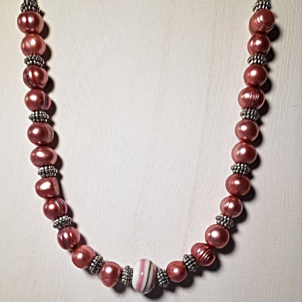 Pink pearl lampwork necklace
